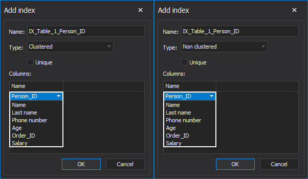 The Add indexes window for Clustered or Non-clustered indexes