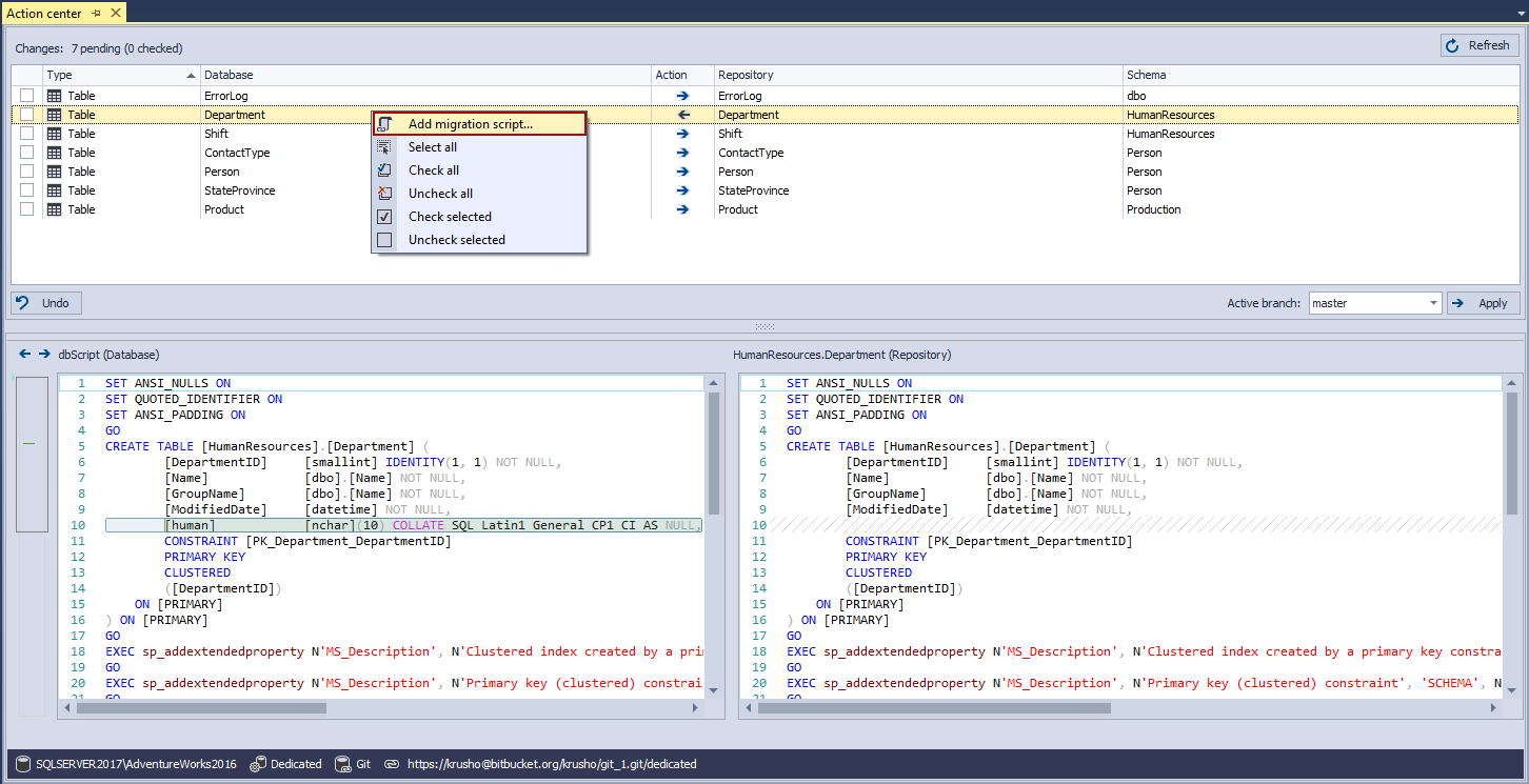 The Add migration script command in the Action center tab