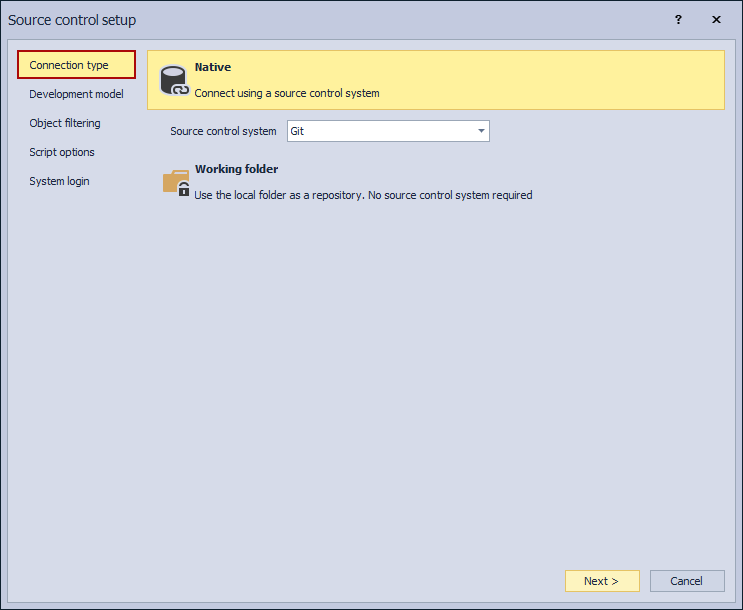 The Connecction tab in the Source control setup window whn the Native option is chosen