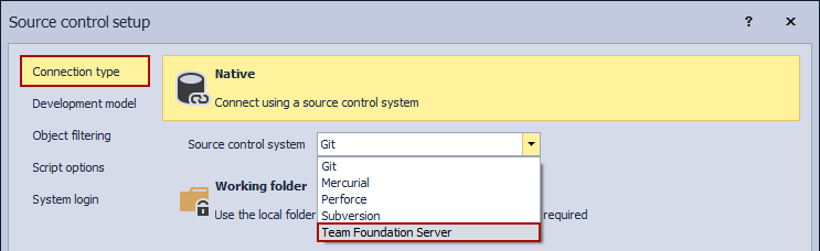 The Connection type tab in Source control setup window when linking a database to Azure DevOps repository