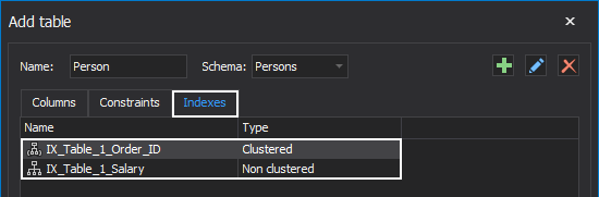 The created indexes are shown in the Add table window 