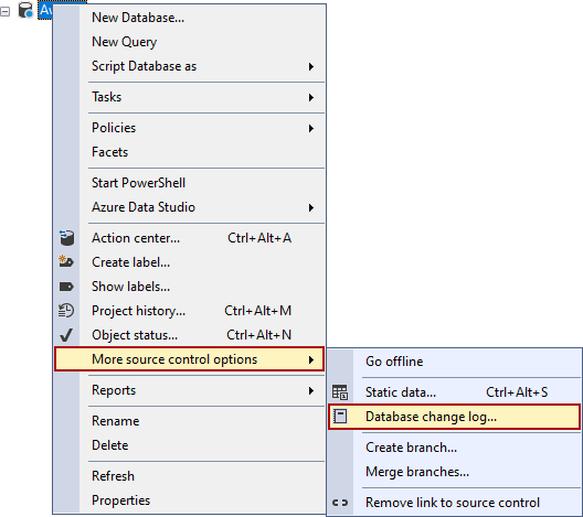 The Database change log command in the Object Explorer pane