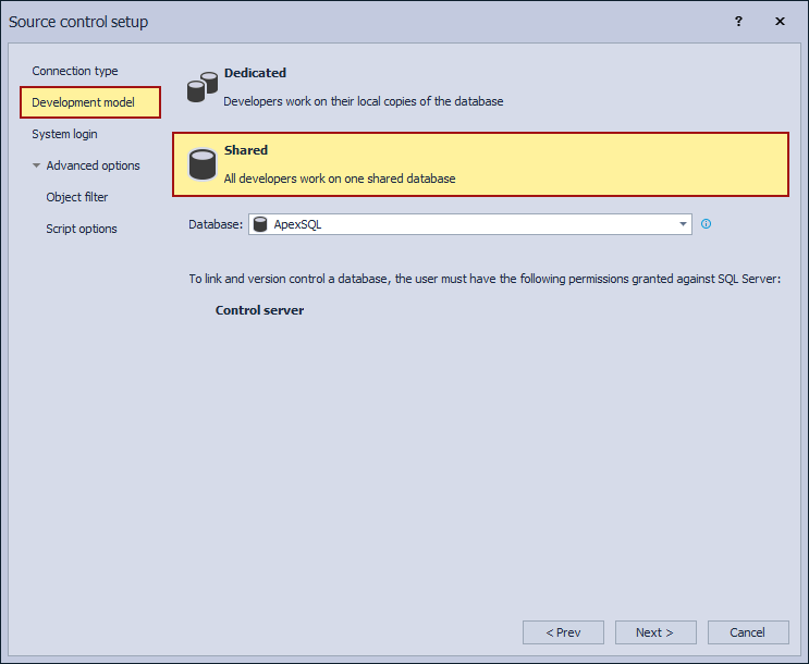 The Development model tab in the Source control setup window - the Shared option