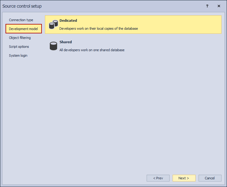 The Develppment model tab in the Source control setup window