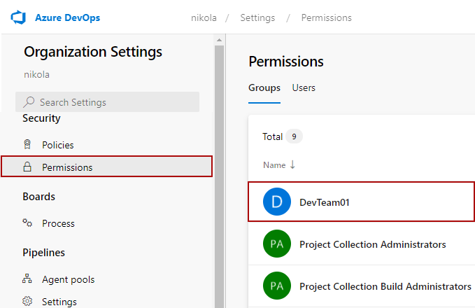 The groups sub-tab in The Permission tab under the Organization settings in the Azure DevOps Service page