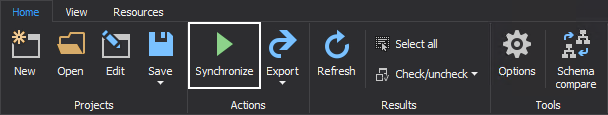 The Home tab in the main application window from which SQL data synchronization is initiated 