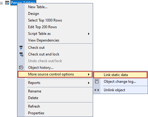 The Link static data command in the Object Explorer pane