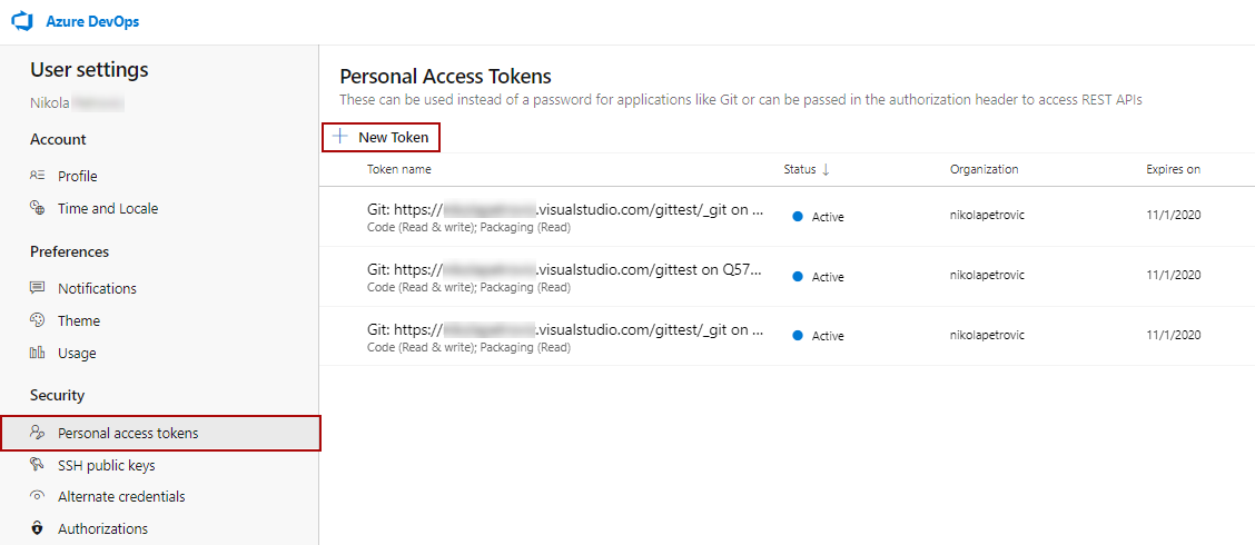 The New Token option in the Personal access tokens tab
