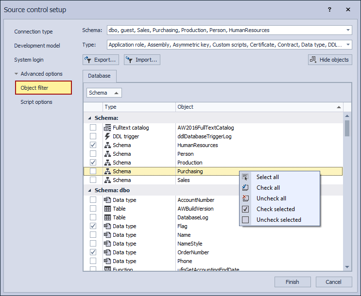 The Object filter tab in the Source control setup window