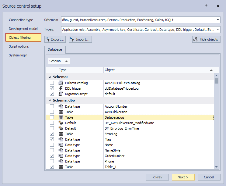 The Object filtering tab in the Source control setup window