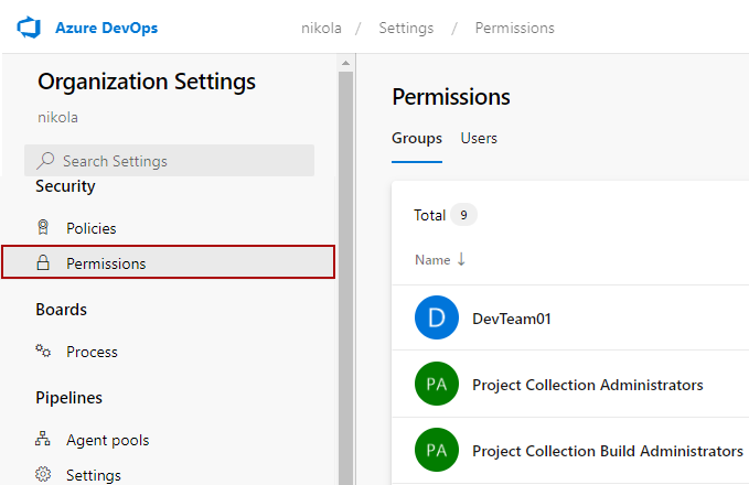 The Permission tab under the Organization settings in the Azure DevOps Service page