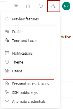 The Personal access tokens option in the User settings drop-down list of the Azure DevOps Services page