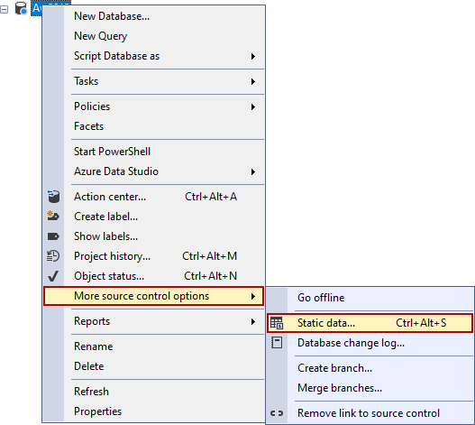 The Static data command in the Object Explorer pane