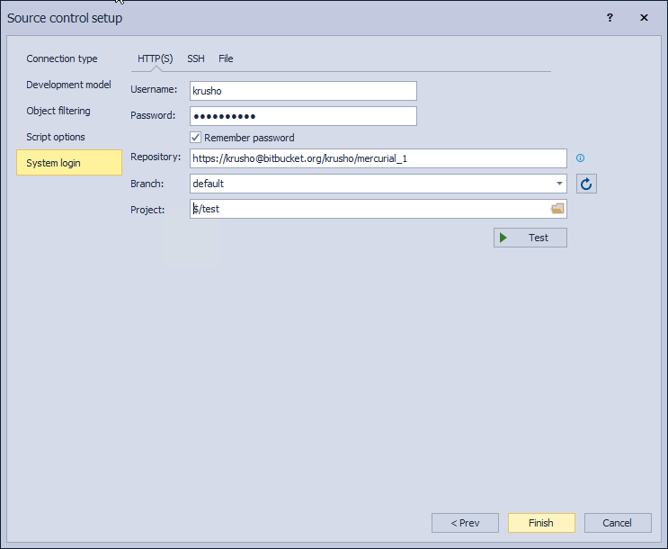 The System login tab in the Source control setup for Mercurial source control system