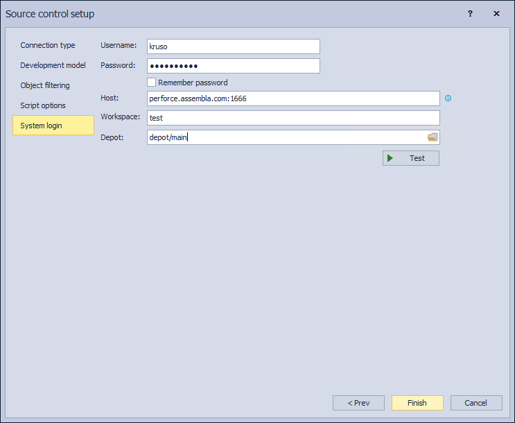 The System login tab in the Source control setup for Perforce source control system