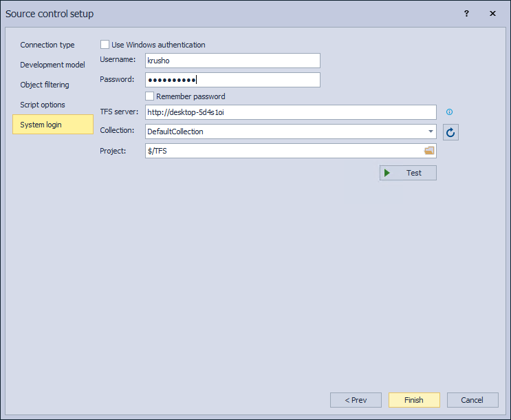 The System login tab in the Source control setup for Azure DevOps Server/Services source control system