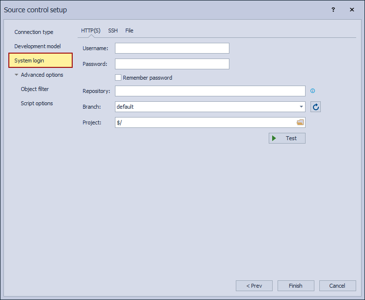 The System login tab in the Source control setup for the Mercurial source control system