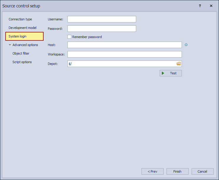 The System login tab in the Source control setup for the Perforce source control system