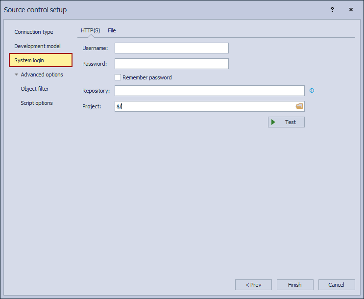 The System login tab in the Source control setup for the Subversion source control system