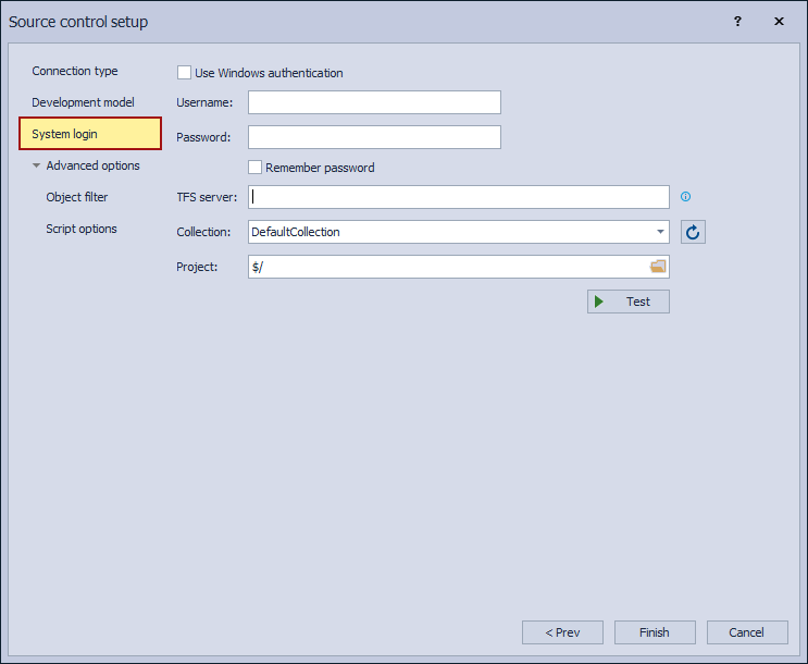 The System login tab in the Source control setup for the Azure DevOps Server/Services source control system