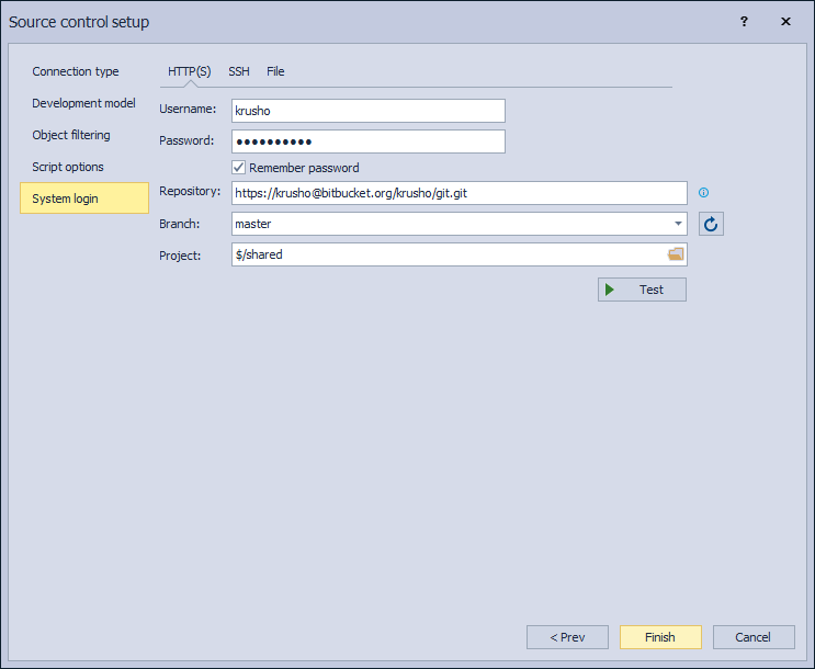 The System login tab in the Source control setup for Git source control system