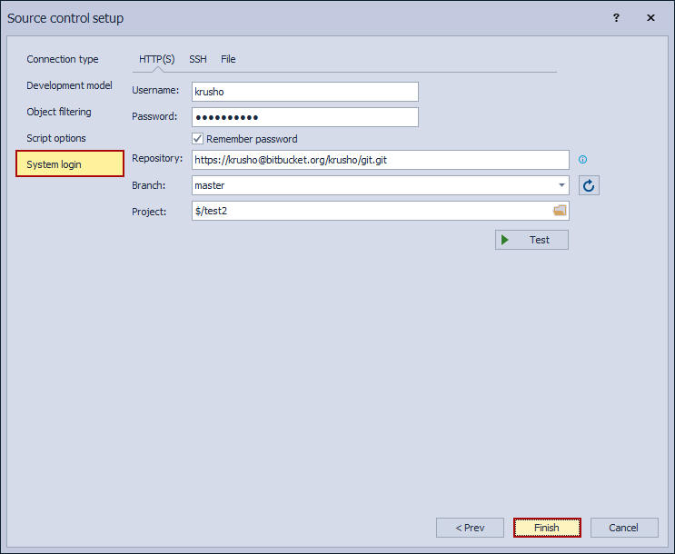 The System login tab in the Source control setup window