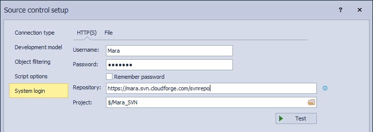 The System login tab when linking a database to cloud Subversion repository using HTTP(S) protocol