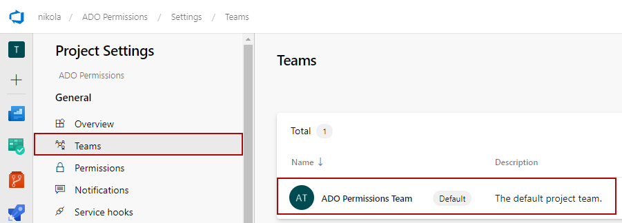 The Teams tab in the Azure DevOps Services page