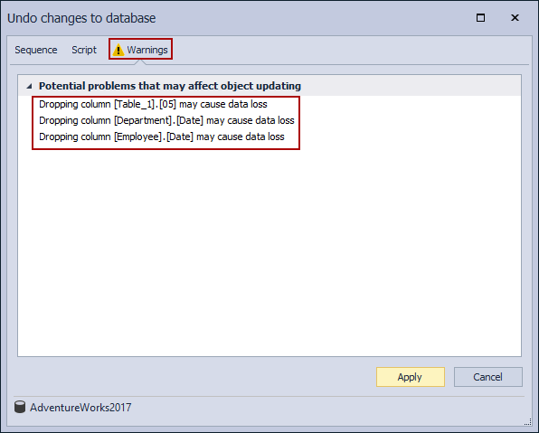 The Undo changes to database window - the Warnings tab