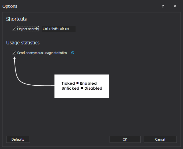 "Usage statistics" option in the add-in Options window to enable/disable telemetry