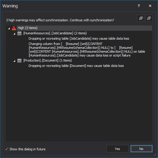 Warning dialog in the Synchronization wizard