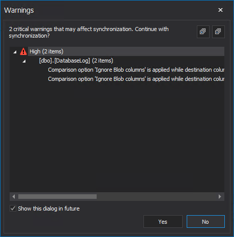 Warnings dialog shown in case of high warnings before creating the SQL data synchronization script 