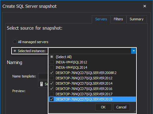 Manually select SQL Server instances for snapshot creation