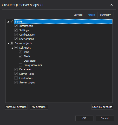 SQL Server snapshot configuration settings