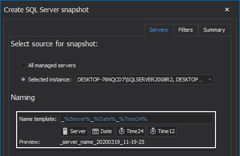 SQL Server snapshots name templates 