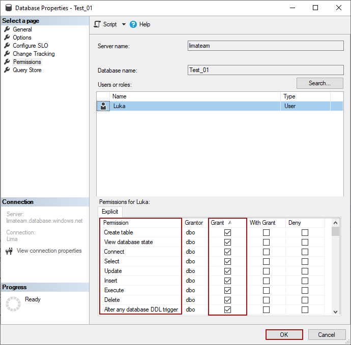 Minimal permissions for Azure SQL Database in database source control