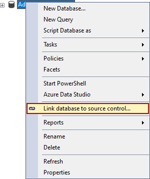 The Link database to source control command from the right-click context menu in Object Explorer