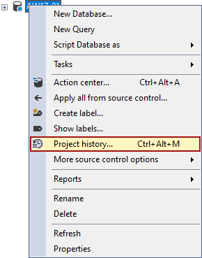 The Project history right-click context menu command in the Object Explorer panel