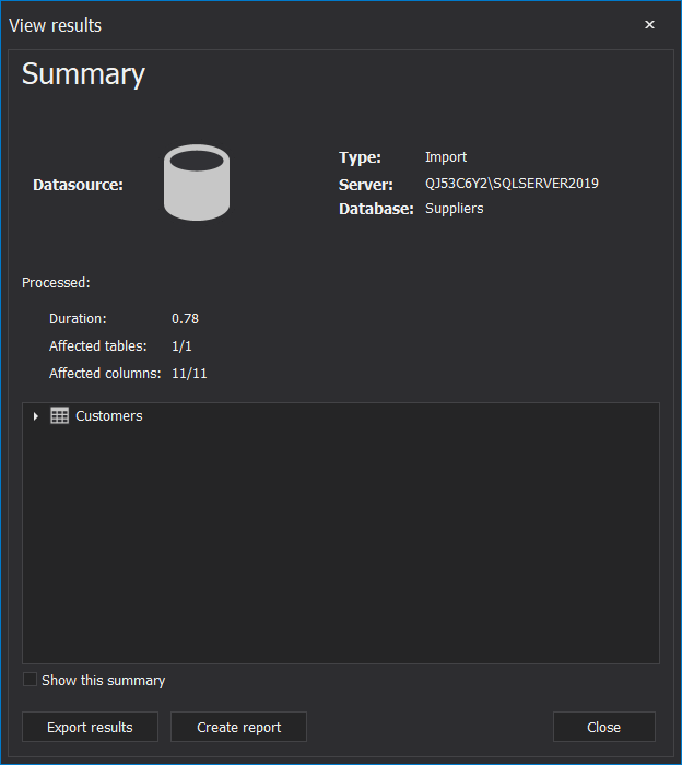 ApexSQL Pump View results after import excel to SQL database process is finished