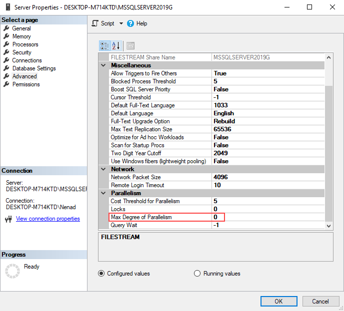 Changed advanced properties in SQL Server 