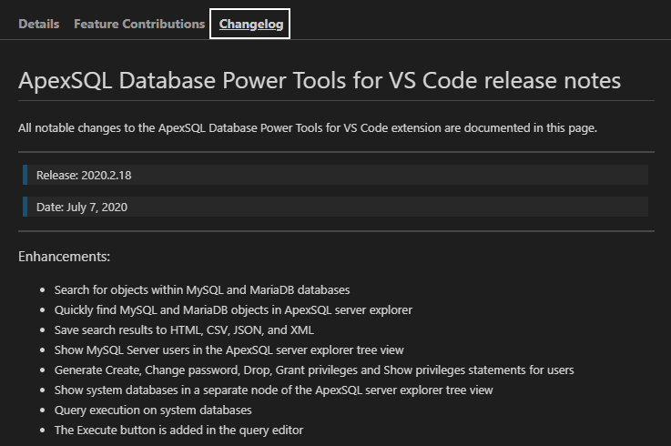 Changelog page of the Database Power Tools for VS Code extension