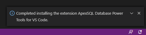 Completed installing the extension ApexSQL Database Power Tools for VS Code info message