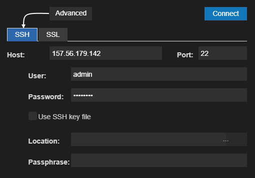Connect to server dialog with advanced SSH parameters