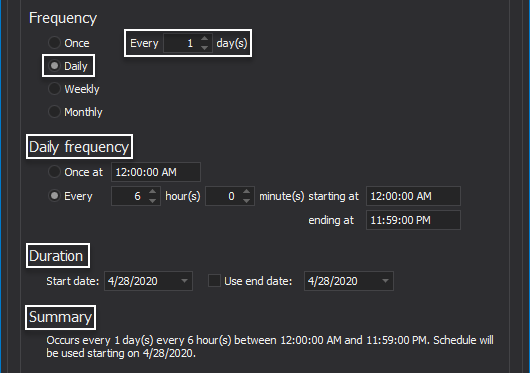 Daily schedule type configuration