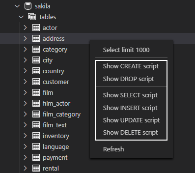 DDL and DML options from the right-click context menu in ApexSQL server explorer for generating scripts 