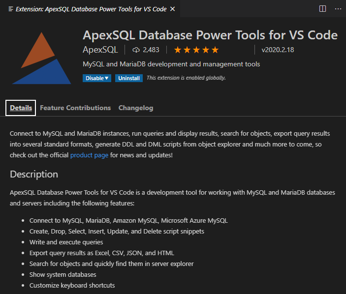 Details page of the Database Power Tools for VS Code extension