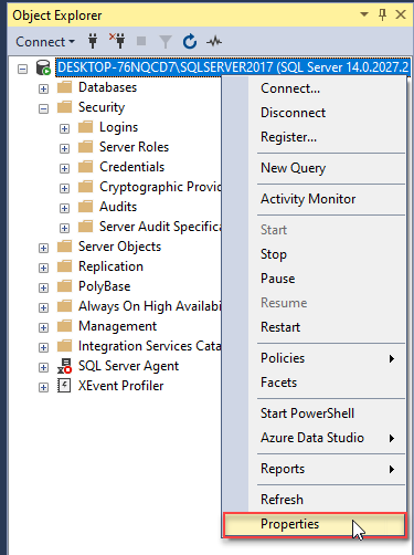 Enter the Properties for selected SQL Server