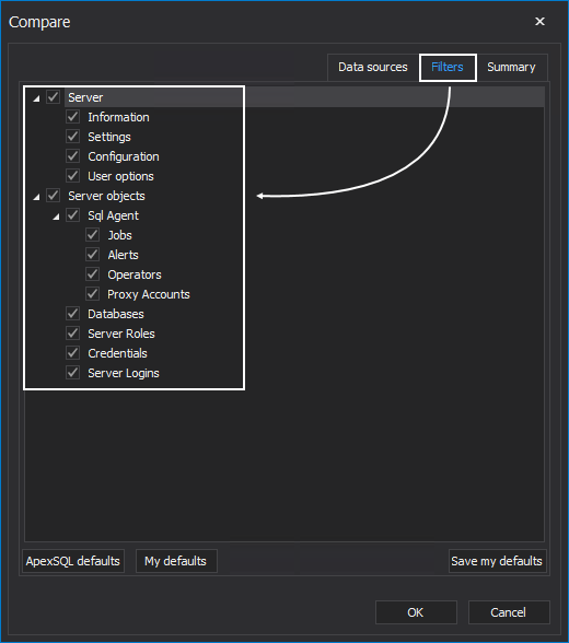 Filtering server information for comparison in SQL manage instance tool