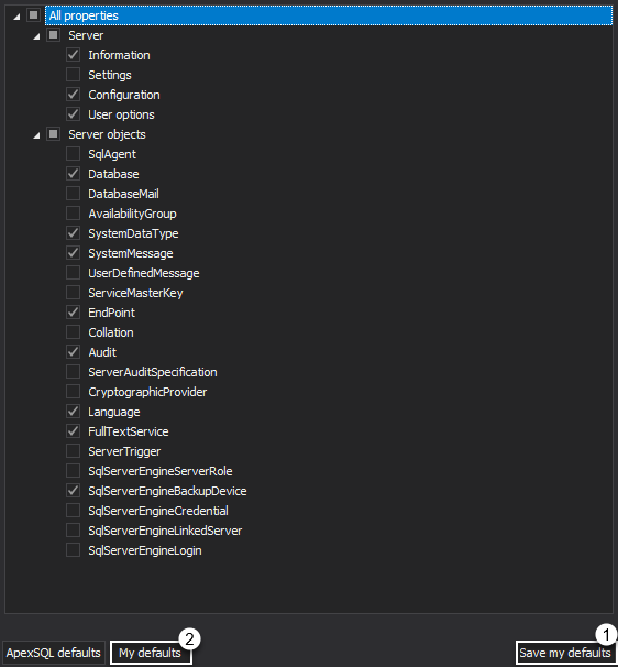 Filters from the All properties section within the SQL manage instance tool