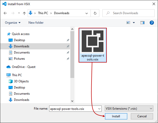Install from VSIX dialog with extension location specified
